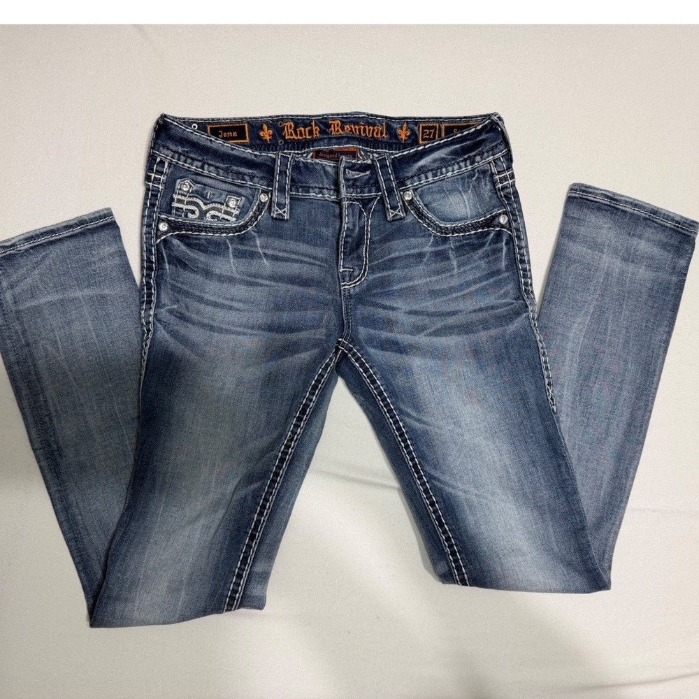 Rock Revival Jena Straight Leg Jeans Blue Denim Embroidered Flap Pocket